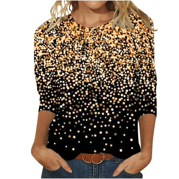 Women Causal T-shirt Sparkle Sequin Printed 3/4 Sleeve Crewneck Pullover Dressy Glitter Loose Tunic Tee