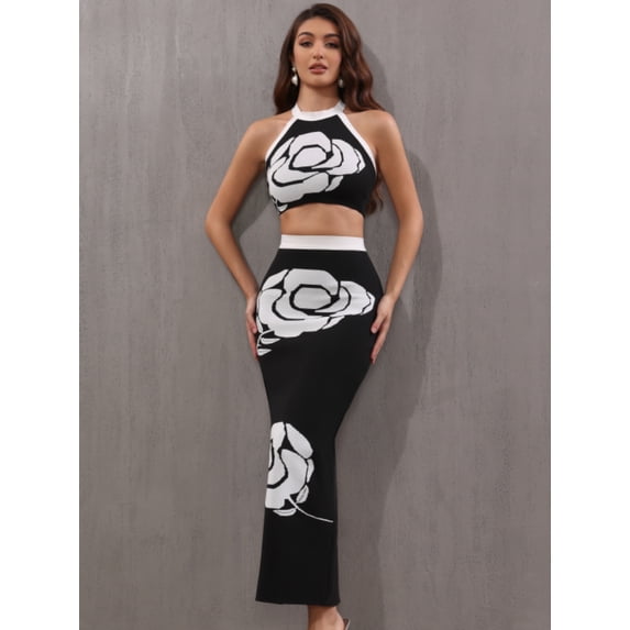 Women Celebrity Sexy Backless Halter Rose Jacquard Two Piece Midi Bandage Set 2024 Celebrity Designer Evening Party Women's Set