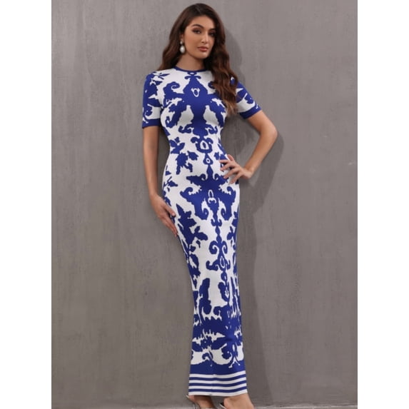 Women Celebrity Sexy Long Sleeve Jacquard Blue Maxi Long Bodycon Bandage Dress 2024 Knitted Elegant Evening Club Party Outfit