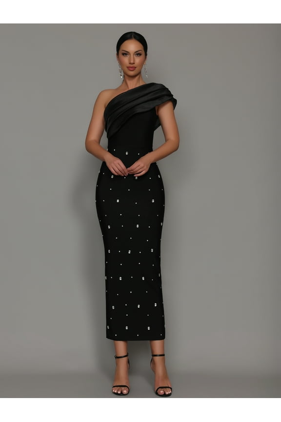 Women Celebrity Sexy One Shoulder Diamonds Black Maxi Long Bodycon Bandage Dress 2025 Elegant Evening Club Party Clothing Outfit