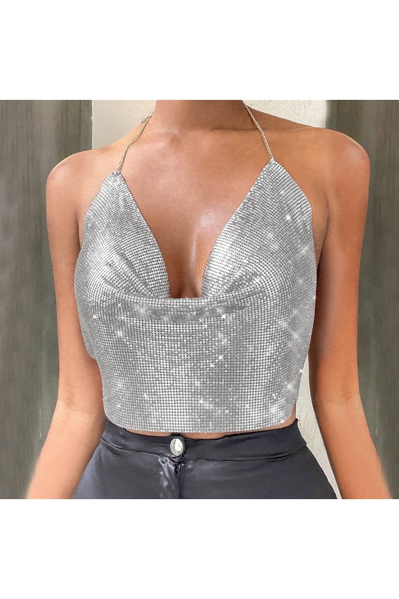 Women Chain Beading Adjustable Sleeveless Backless Crop Top Club Tank Tops, XS, Silver