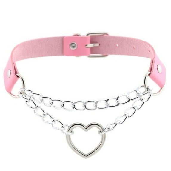 Women Chain Choker Necklace Heart Metal Leather Collar Necklace