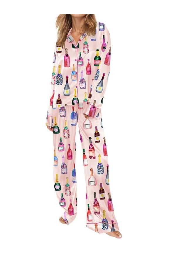 Women Champagne Bottle Pajamas Long Sleeve Wine Glasses Print Button Down Shirt Pants 2 Piece Satin Silk Set