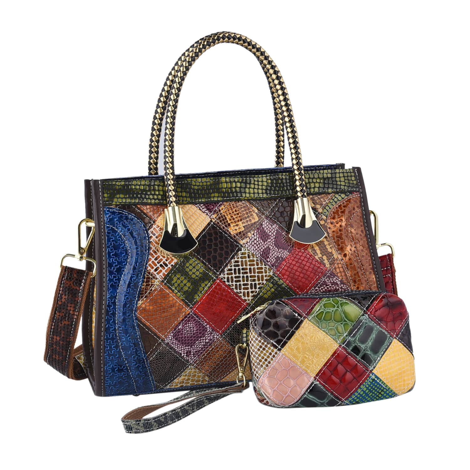 Women Chaos BY ELSIE Set of 2 Multi Color Ball Print Genuine Leather Satchel Bags and Clutch Accessories Birthday Gifts