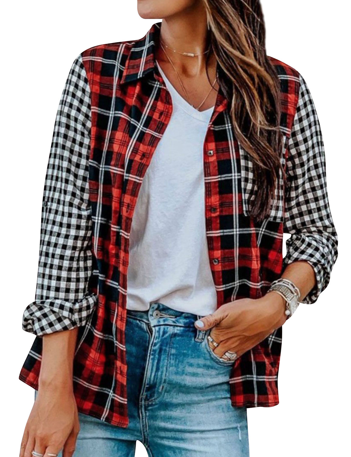 Women Checkered Lapel Collar Contrast Color Single-Breasted Top - image 1 of 3