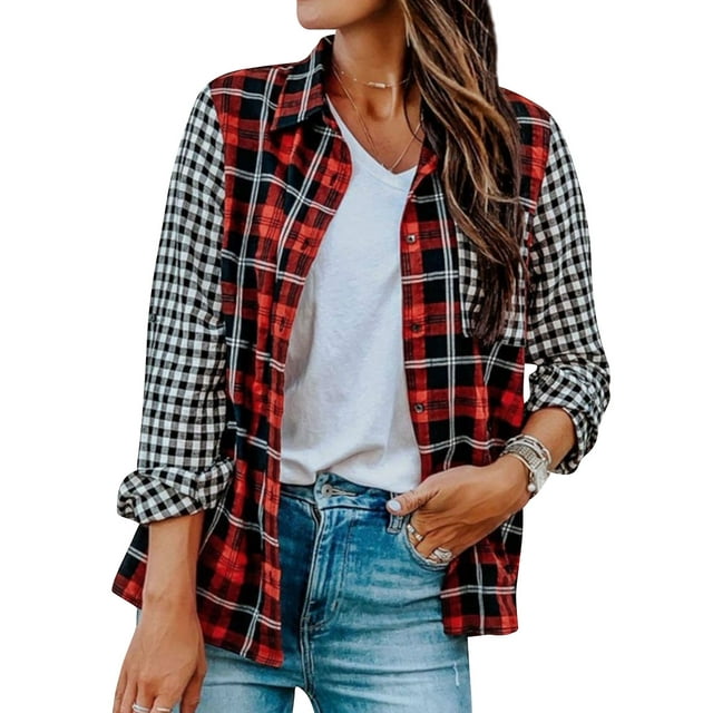 Women Checkered Lapel Collar Contrast Color Single-Breasted Top
