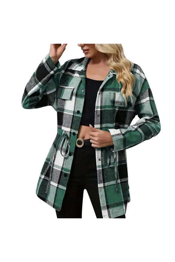 Women Checkered Shirt Jacket Top Lapel Blouses Long Sleeve Sweatshirt Drawstring Adjustable Jackets Button Down Sweatshirt