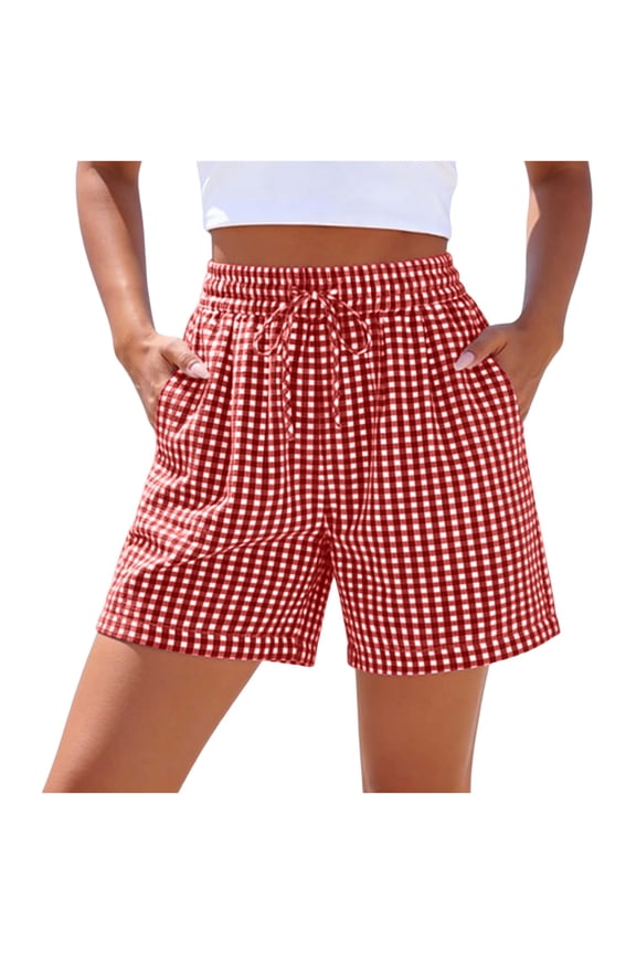 Women Checkered Shorts Elastic High Waisted Drawstring Casual Summer Boho Shorts with Pockets Red