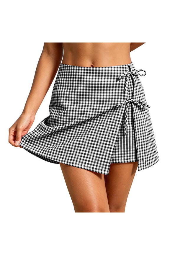 Women Checkered Skort High Waisted Side Tie Mini Skirt Shorts Trendy Casual Vacation Boho Black M