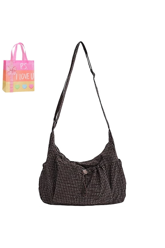 Women Checkered Sling Bag Nylon Drawstring Crossbody Bag Large Capacity Stylish Plaid Tote Bag Shopping Date Handbag (A)