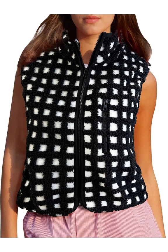 Women Checkered Vest Sleeveless Winter Fleece Jacket High Neck Zip Up Plaid Gilet with Chest Pocket Black XS