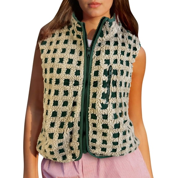 Women Checkered Vest Sleeveless Winter Fleece Jacket High Neck Zip Up Plaid Gilet with Chest Pocket Green S