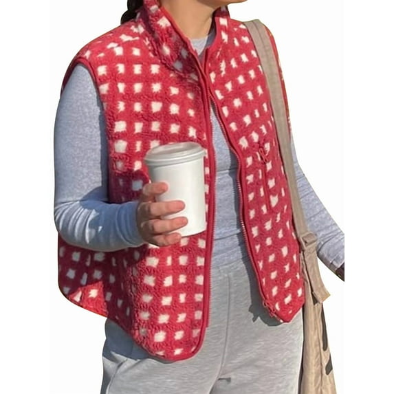 Women Checkered Vest Sleeveless Winter Fleece Jacket High Neck Zip Up Plaid Gilet with Chest Pocket Red M