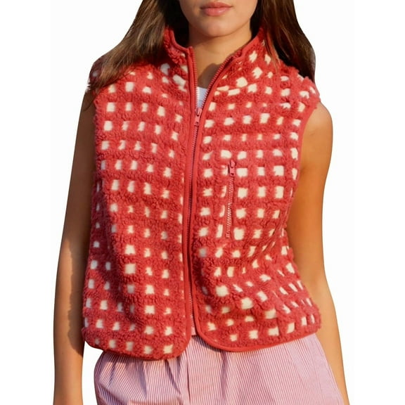 Women Checkered Vest Sleeveless Winter Fleece Jacket High Neck Zip Up Plaid Gilet with Chest Pocket Red M