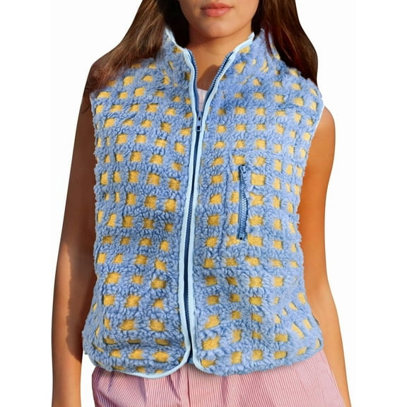 Women Checkered Vest Sleeveless Winter Fleece Jacket High Neck Zip Up Plaid Gilet with Chest Pocket Sky Blue XL