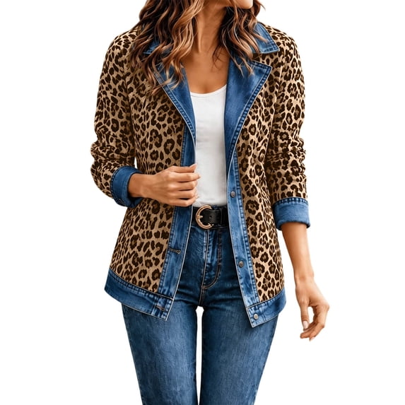 Womens Leopard Print Denim Jacket Long Sleeve Button Down Loose Fit Autumn Coat Khaki M
