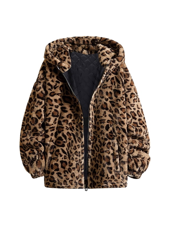 Women Cheetah Leopard Hooded Jacket Vintage Harajuku Casual Warm Thick Winter Outerwear Coat Apparel Clothing D XXL