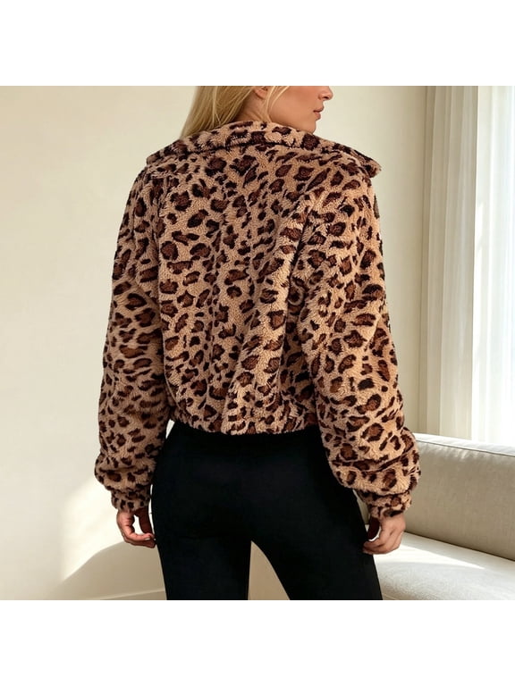 Women Cheetah Leopard Fleece Short Coat Casual Loose Zip Up Stand Collar Jacket Long Sleeve Outerwear Apparel Clothing Coffee S