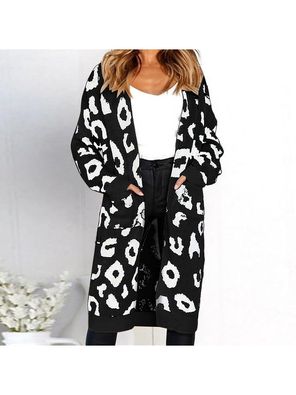 Women Cheetah Leopard Knit Cardigan Sweater Vintage Long Sleeve Outerwear Casual Soft Daily Knitwear Apparel Cardigan Black L