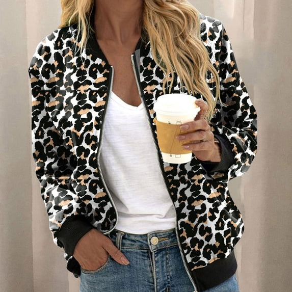 Women Cheetah Leopard Print Bomber Jacket Casual Long Sleeve Zip Up Baseball Coat Outwear Fashion Apparel Clothing Black L