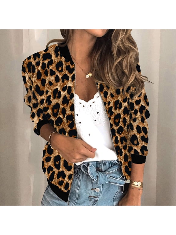 Women Cheetah Leopard Print Bomber Jacket Casual Long Sleeve Zip Up Baseball Coat Outwear Fashion Apparel Clothing Khaki M