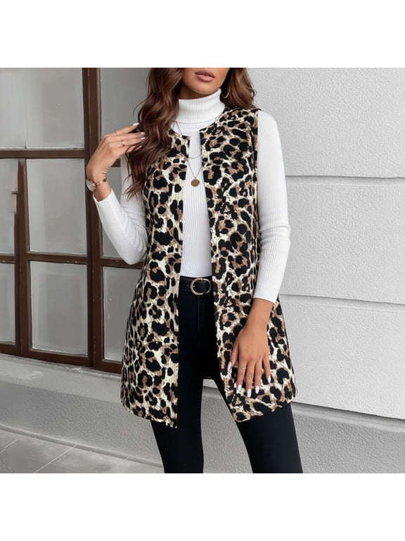 Women Cheetah Leopard Print Casual Vest Fashion Fall Winter Outerwear Sleeveless Zip Up Clothing Apparel Top Khaki S