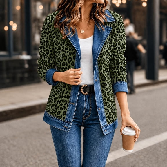 Women Cheetah Leopard Print Denim Jacket Casual Long Sleeve Cardigan Fall Loose Cowboy Coat Outerwear Apparel Clothing Army Green L