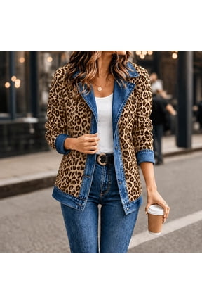 Women Cheetah Leopard Print Denim Jacket Casual Long Sleeve Cardigan Fall Loose Cowboy Coat Outerwear Apparel Clothing Khaki L