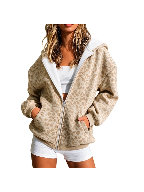 Women Cheetah Leopard Print Hoodie Sweatshirt Zip Up Casual Relaxed Fit Soft Long Sleeve Top Apparel