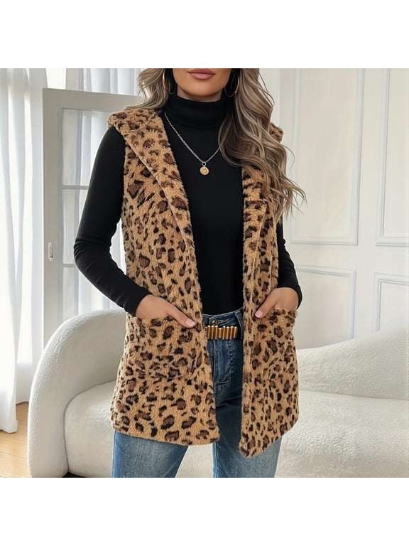 Women Cheetah Leopard Print Reversible Vest Casual Fall Winter Open Front Outerwear Sleeveless Jacket Apparel Brown M