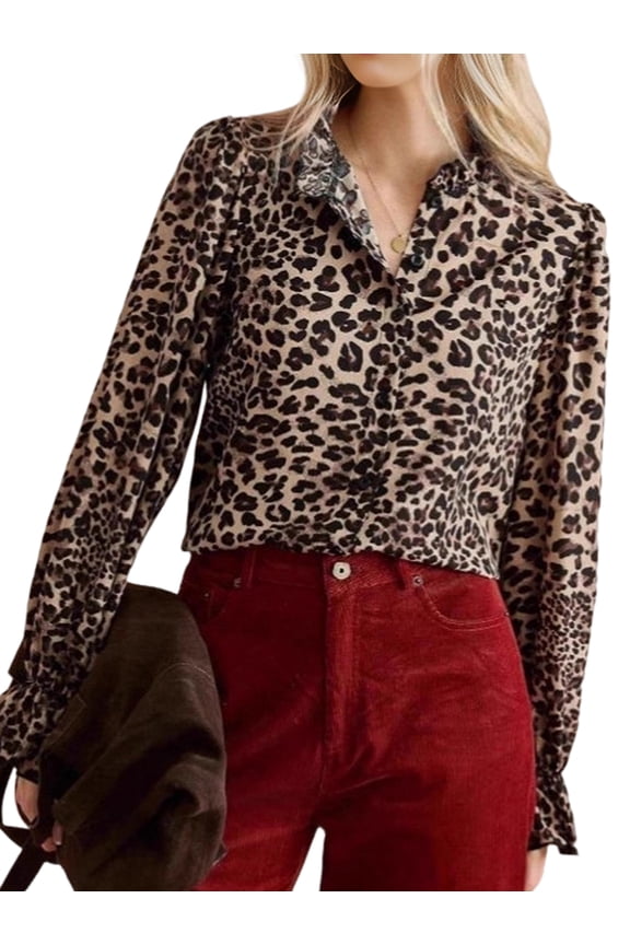 Women Cheetah Print Top Leopard Blouse Ruffle Sleeve Button Down Work Shirts Business Dressy Office Outfits Brown L