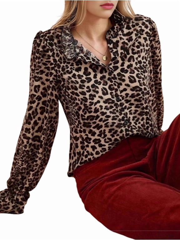 Women Cheetah Print Top Leopard Blouse Ruffle Sleeve Button Down Work Shirts Business Dressy Office Outfits Brown M