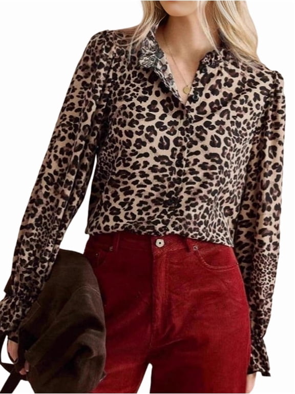 Women Cheetah Print Top Leopard Blouse Ruffle Sleeve Button Down Work Shirts Business Dressy Office Outfits Brown M