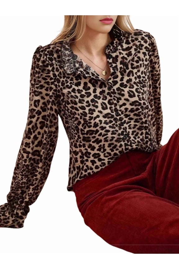 Women Cheetah Print Top Leopard Blouse Ruffle Sleeve Button Down Work Shirts Business Dressy Office Outfits Brown S