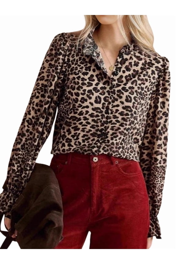 Women Cheetah Print Top Leopard Blouse Ruffle Sleeve Button Down Work Shirts Business Dressy Outfits Brown S