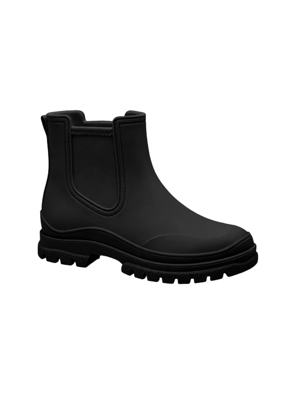 Women Chelsea Ankle Rain Boots Slip on Waterproof Chunky Lug Platform Sole Short Wellies Light Footwear for Rainy Commute, Garden Yard Work Black 8.5(41)