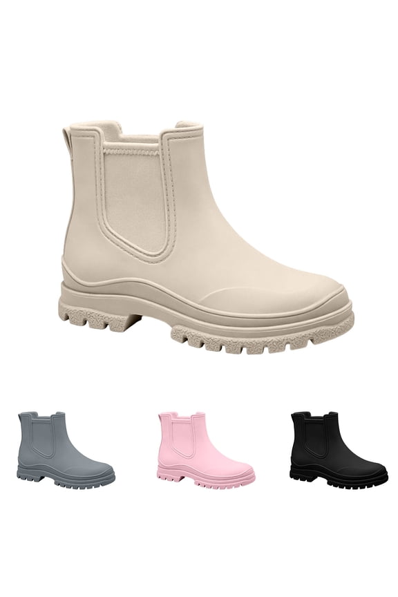 Women Chelsea Ankle Rain Boots Slip on Waterproof Chunky Lug Platform Sole Short Wellies Light Footwear for Rainy Commute, Garden Yard Work Pink 8.5(41)