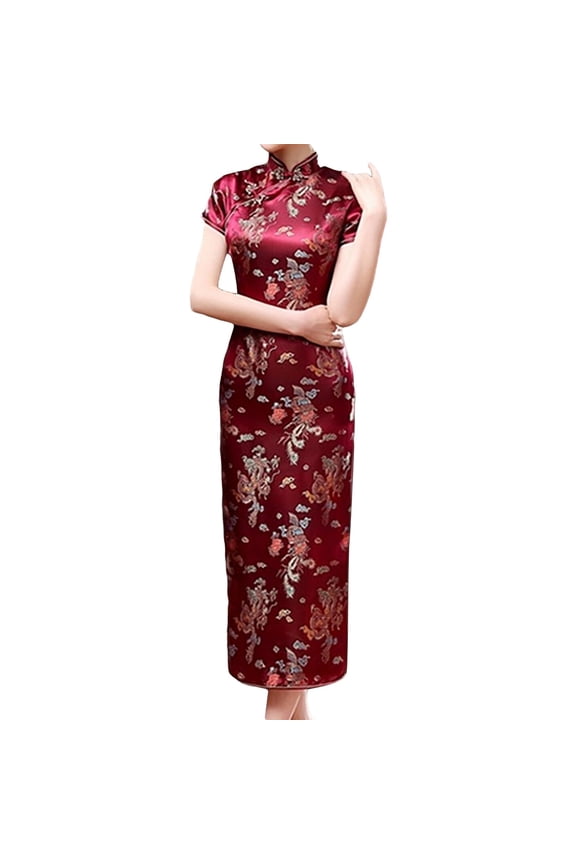 Women Cheongsam Long Dress Evening Short Sleeve Slim Fit Maxi Dress Floral Faux Silk Stand Collar Bodycon Qipao Retro Embroidery Pattern Dresses