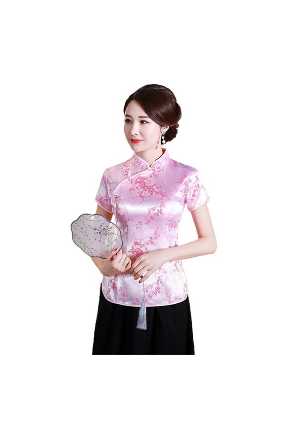 Women Cheongsam Shirt Chinese Style Plum Print Summer Autumn Exquisite Buckles Stand Collar Cheongsam Top for Wedding