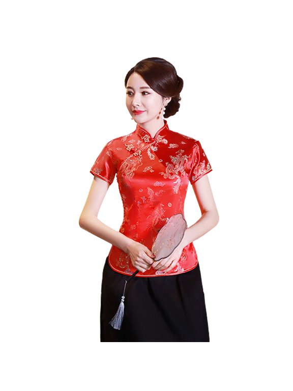 Women Cheongsam Shirt Dragon Phoenix Printing Chinese Style Summer Autumn Side Split Stand Collar Cheongsam Top for Banquet