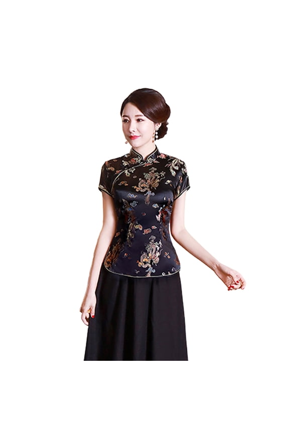 Women Cheongsam Shirt Dragon Phoenix Printing Chinese Style Summer Autumn Side Split Stand Collar Cheongsam Top for Banquet