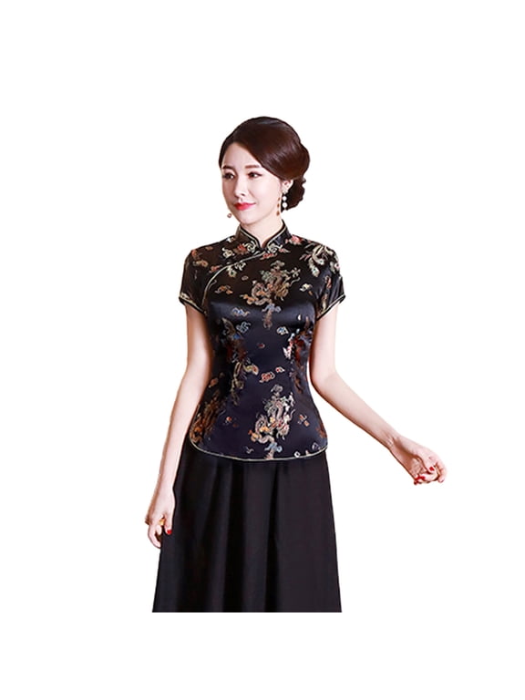 Women Cheongsam Shirt Dragon Phoenix Printing Chinese Style Summer Autumn Side Split Stand Collar Cheongsam Top for Banquet