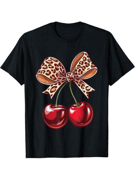 Women Cherry Leopard Coquette Ribbon Bow T Shirt Size S-5XL