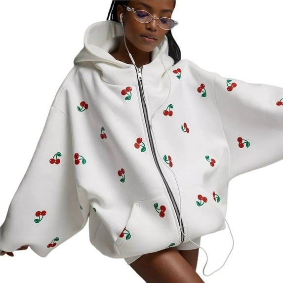 Women Cherry Print Zip Up Hoodie Long Sleeve Oversized Hooded Sweatshirt Y2k Jacket White L