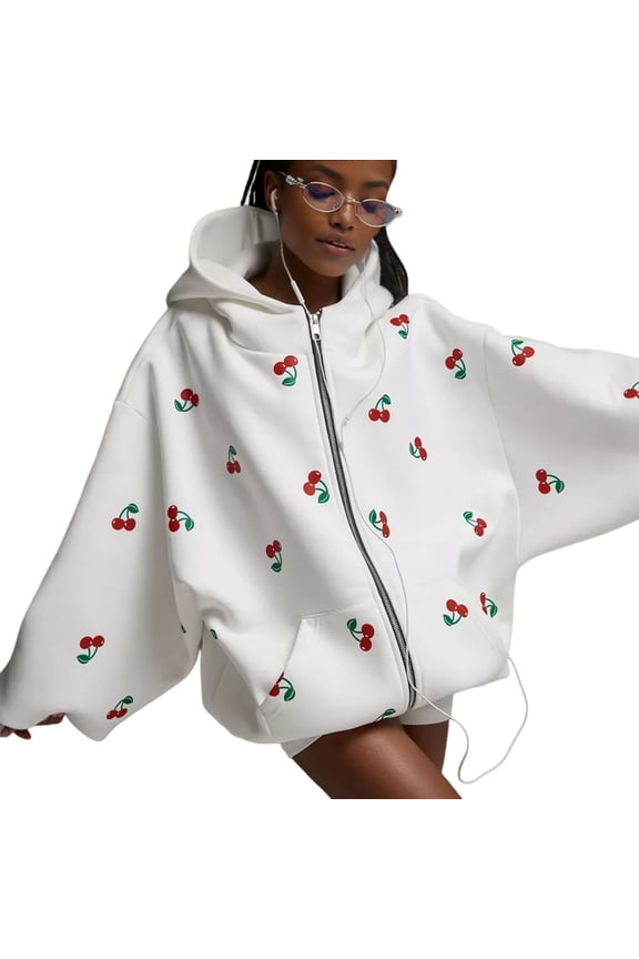Women Cherry Print Zip Up Hoodie Long Sleeve Oversized Hooded Sweatshirt Y2k Jacket White M