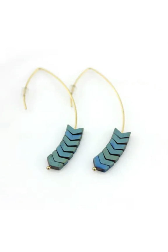 Women Chevron Drop Earrings Natural Hematite Stone Arrow V-Shaped Hoop Earrings
