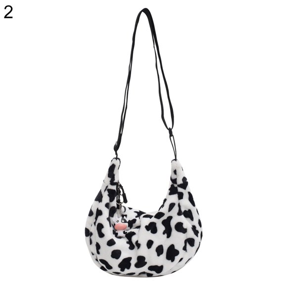 Women Chic Cow Pattern Shoulder Bag Large Capacity Plush Zipper Crossbody Pouch