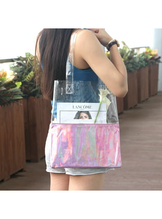 INHEMING Iridescent Clear Tote Bags, Fashion Holographic Clear Handbag for Beach, Large Transparent Stadium Concert Work Bag