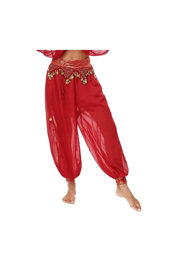 Women Chiffon Belly Dance Harem Pants Bellydance Pants Bloomers Trousers with Gold Trim Tassels Women Dancing Pants
