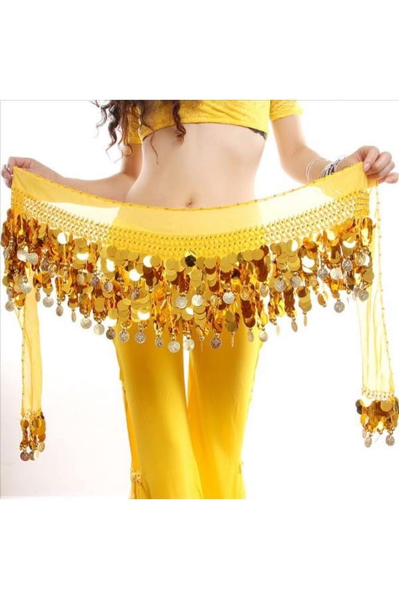 Women Chiffon Belly Dance Scarf Gold Coin Sequin Waistband Skirt Dangling